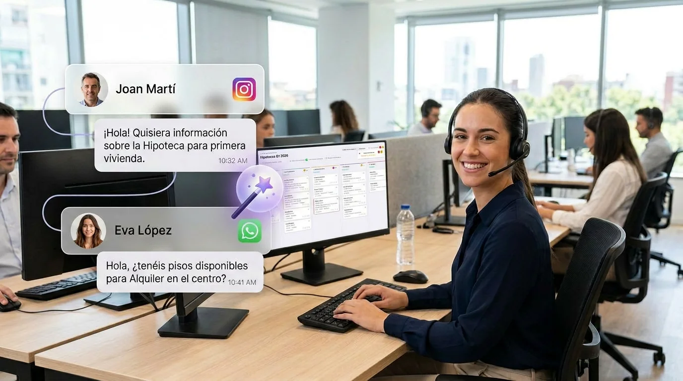 Agente de atención al cliente operando ATLAS con conversaciones de WhatsApp e Instagram en su CRM