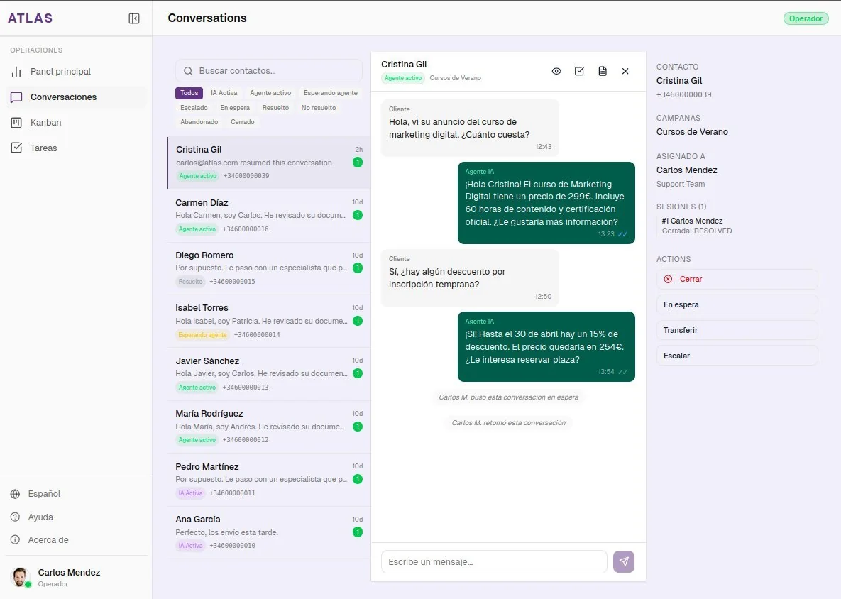 Panel de conversaciones de ATLAS en tiempo real