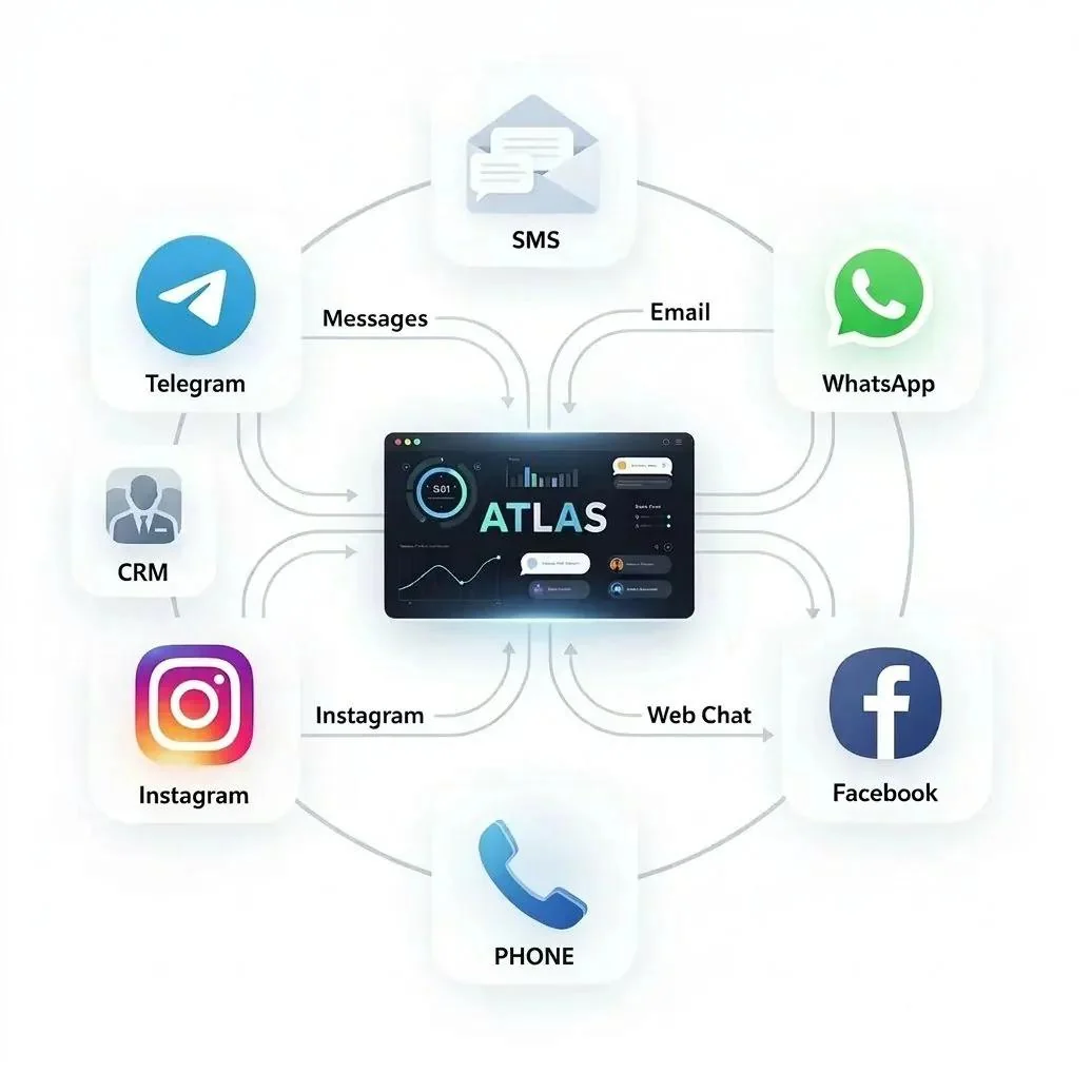 ATLAS centraliza WhatsApp, Instagram, Telegram, Email, SMS, Web Chat, CRM y llamadas