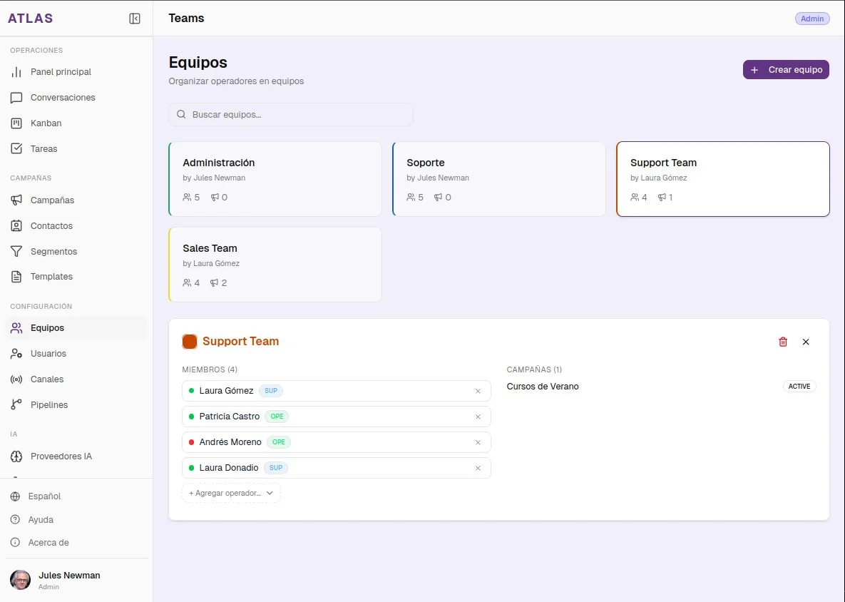 Panel de equipos de ATLAS: gestión de operadores, roles y campañas asignadas