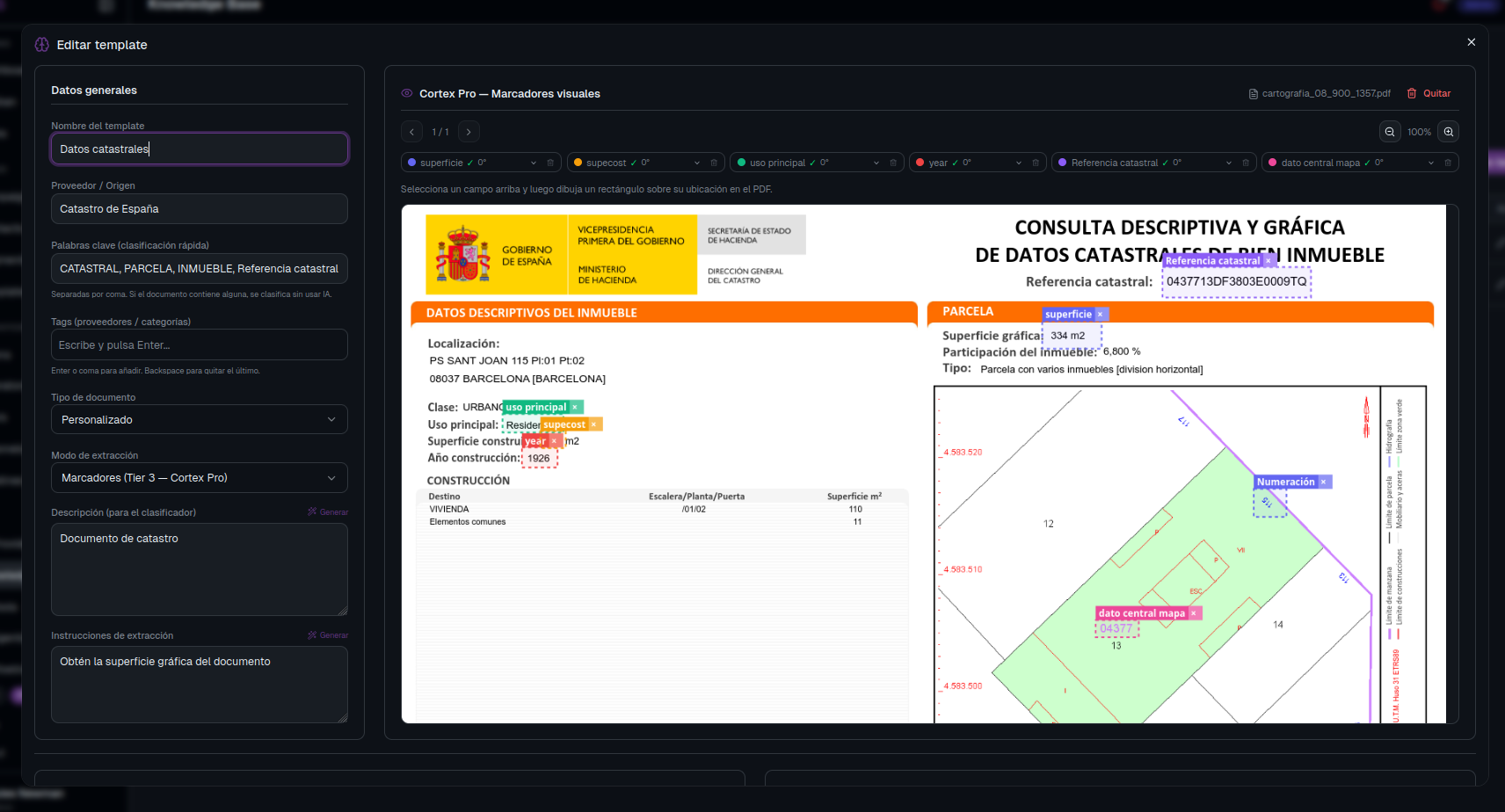 Editor de template Cortex en ATLAS con preview de un documento catastral real
